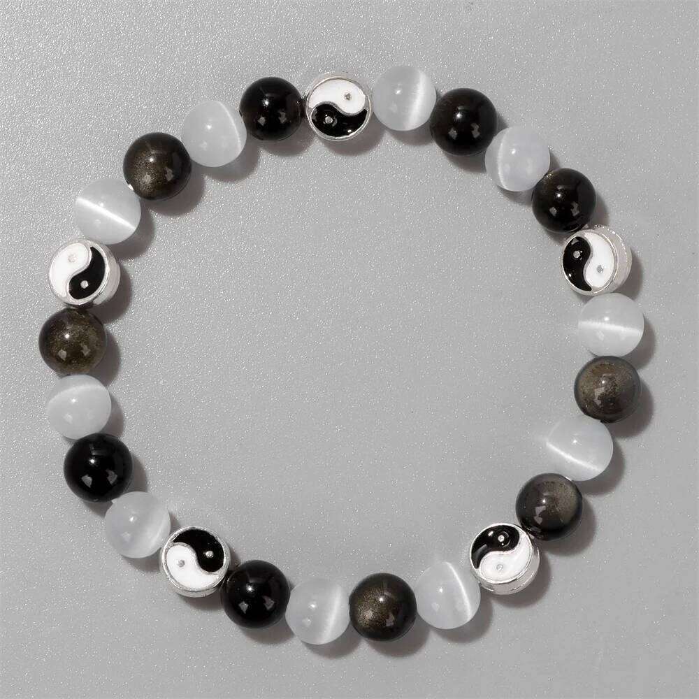 New White Cat Eye Opal Beads Bracelet Fashion Tai Chi Yin Yang Black Glass Beaded Energy Bracelets Men Women Best Friend Jewelry 5d672