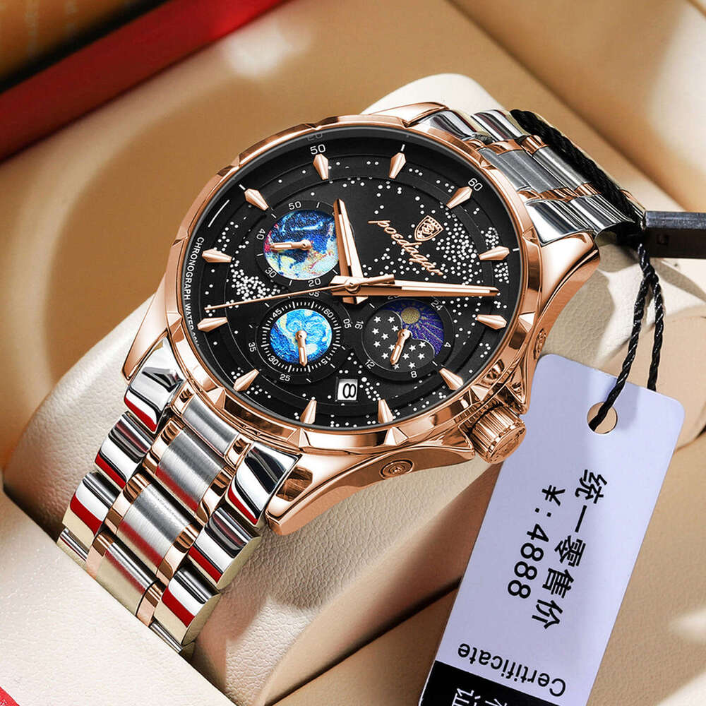 Mens Multifunction Chronograph Watch, 30M Waterproof Stainless Steel Luxury Wristwatch with Starry Dial for Daily and Business