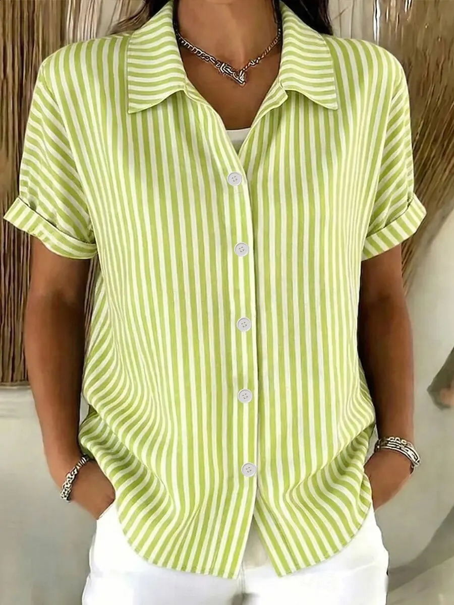 Womens Vintage Geometric Striped Print Button Short Sleeve Shirt Collar Long Tops Casual Daily Stylish Wear for Spring Summer 260518