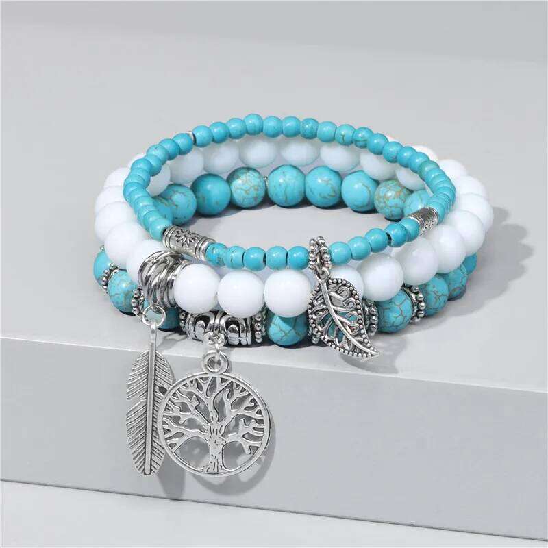 3Pcs Fashion Natural Stone 8mm Beads Tree of Life Pendant Bracelet Men Women Beaded Charm Bracelets Jewelry ea465