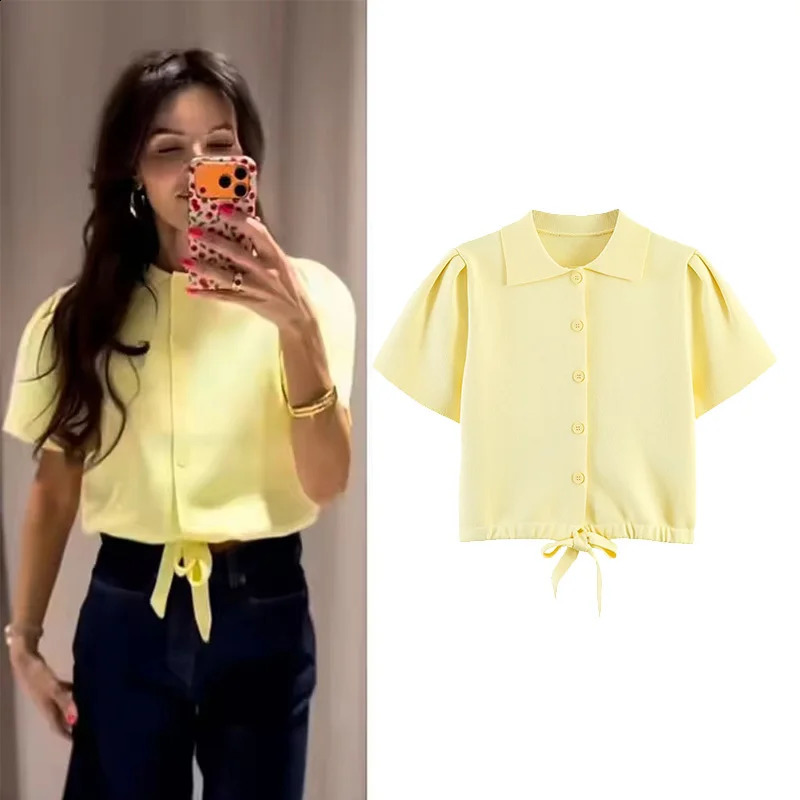 Womens Cardigan with Tie 2026 Spring Summer Lapel Collar Short Puff Sleeve Knitted Solid Lady Sweater Elastic Female Tops 260518BJ