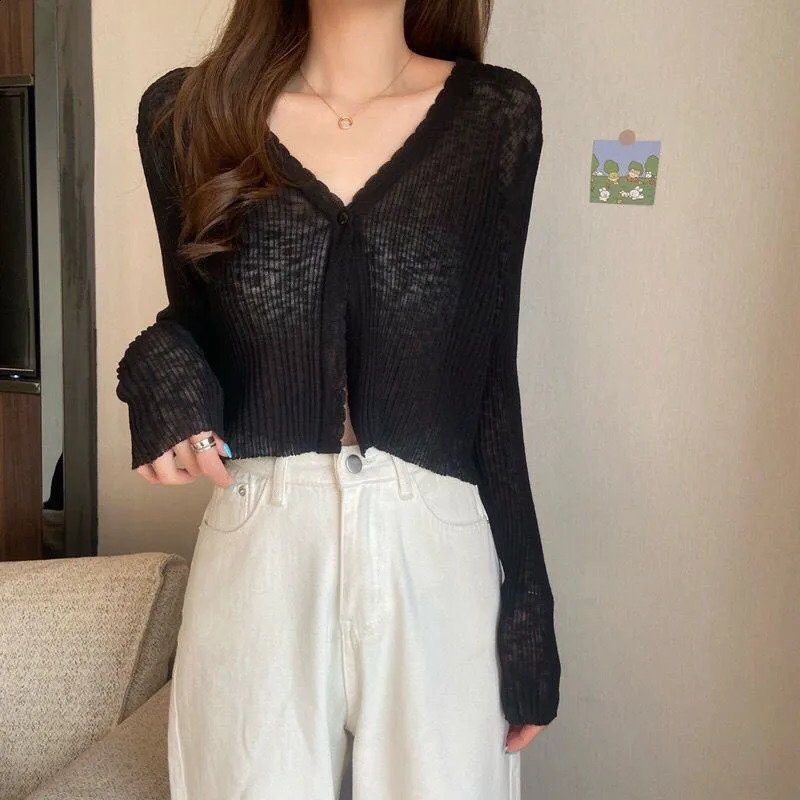 Biyaby Summer Thin Sun Protection Cardigan Women White Single Button Knitted Coat Mujer Sexy See Through Ice Silk Crop Tops 260518BJ