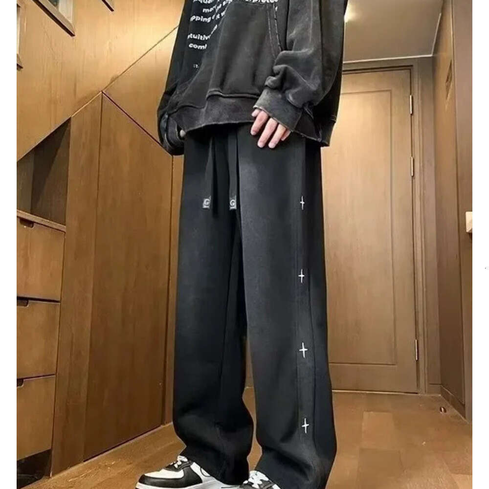 Black American High Street Men's Pants Spring Designer Fashion Autumn Loose Straight Hong Kong Style Wide Leg Casual Trousers