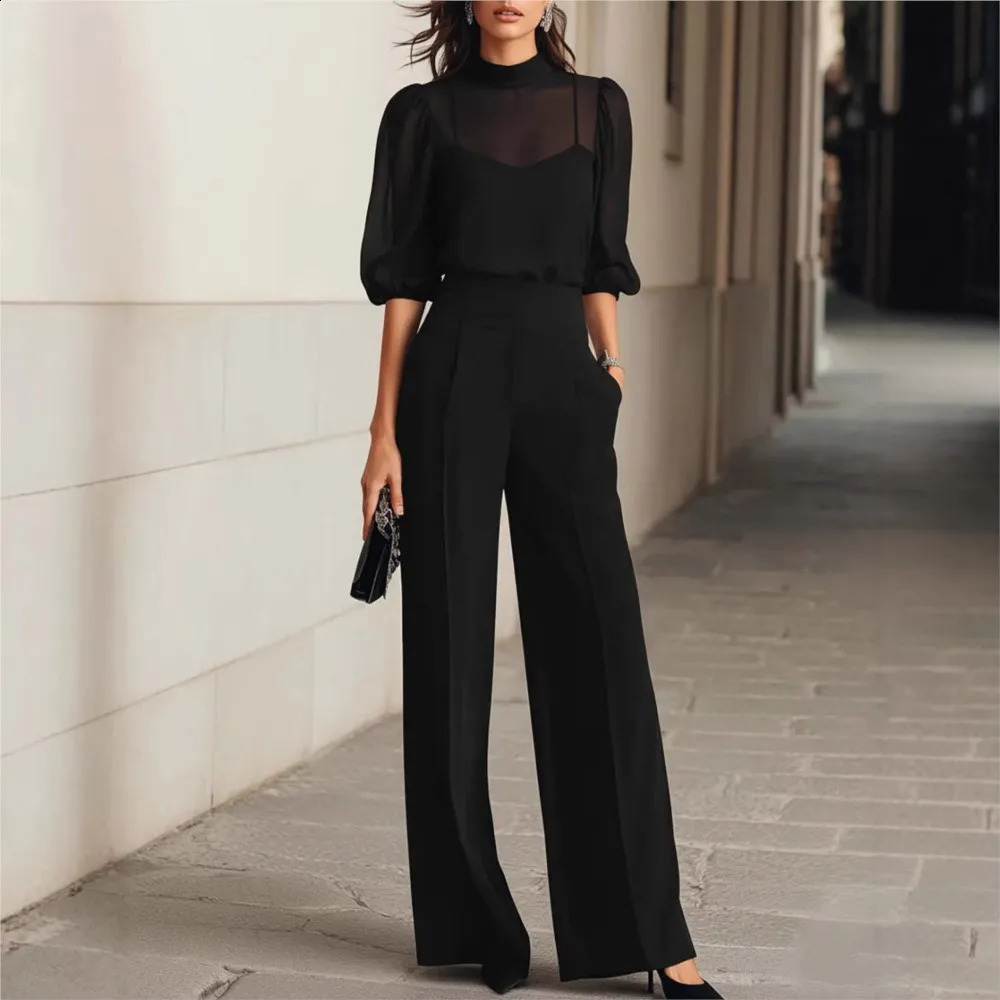 Summer Womens Chiffon Tops With Inner Suspenders Wide-leg Pants 3-piece Set Female Fashion Elegant Slim Trousers Office Suit 260518BJ