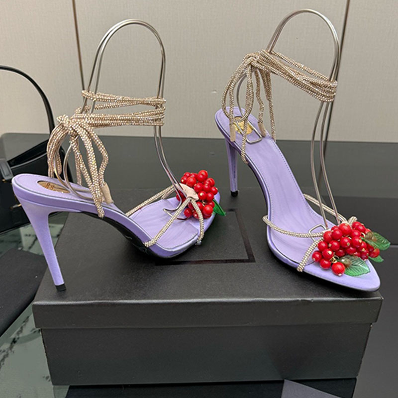 Avec boîte Strass de luxe en daim MON CHERI Sandales entrecroisées bout en amande décoration groseille rose talon aiguille à lacets brides à la c