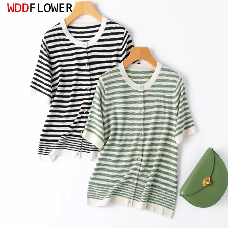 Women Knit T-Shirt 70 Mulberry Silk 30 Cotton Striped Crew Neck Short Sleeve Buttons Down Sweater Cardigan Top L XL LY041 260518BJ