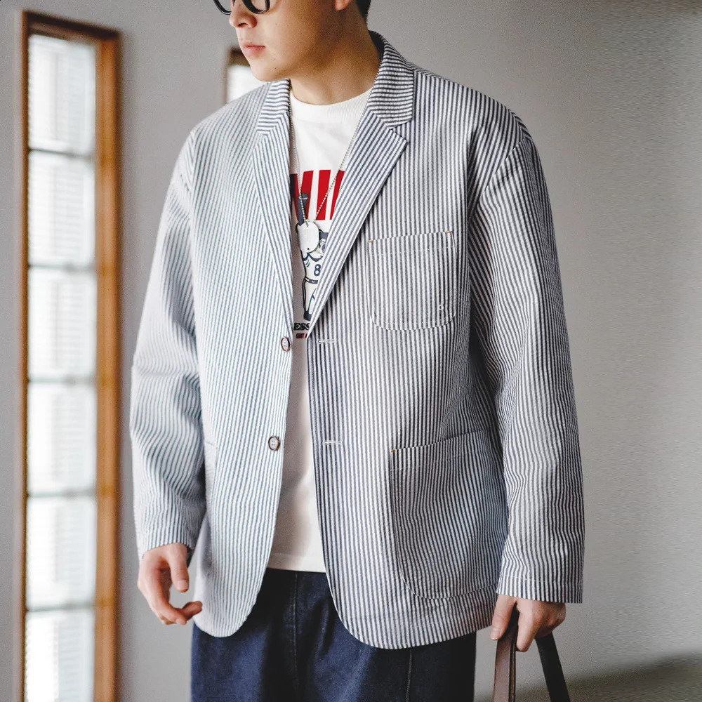 Maden Vintage Casual Seersucker Striped Suit Jacket Cityboy Flat Lapel Loose Outwear for Mens Spring And Autumn 260515BANJIA