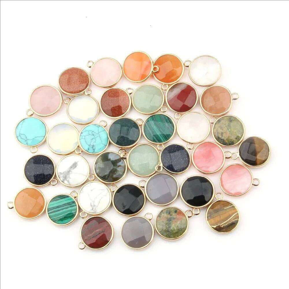 6pcs Natural Opal Rose Quartz Tiger Eye Stone Gold Color Wrapped Round Pendant Charms for Jewelry Making DIY Necklace Earrings 8f448