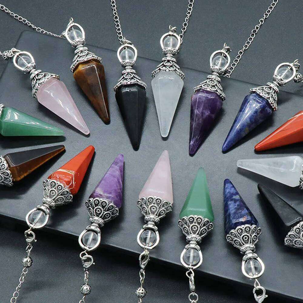 Natural Stone Crystal Reiki Pendulum Rose Quartz Amethysts Hexagonal Cone Shape Charm for Jewelry Making Necklace Accessories 75f65