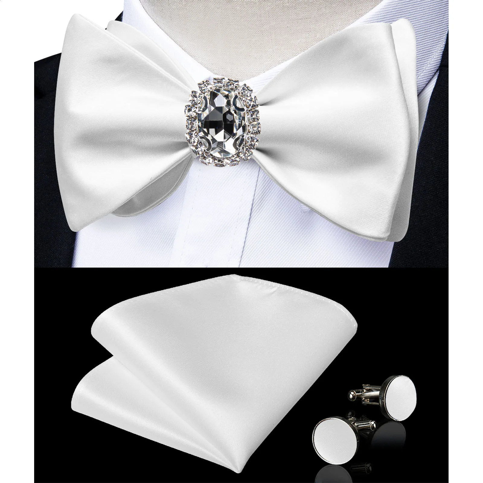 Classic White Selr-tie Bowtie with Ring Pocket Square Cufflinks Set Fashion Solid Mens Bow Tie for Wedding Groom Business Knots 260519BJ