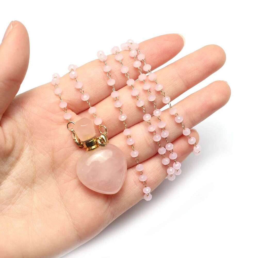 80cm Sweater Chain Natural Stone Crystal Rose Quartz Perfume Bottle Necklace Essential Oil Diffuser Pendant for Women Jewelry c713c