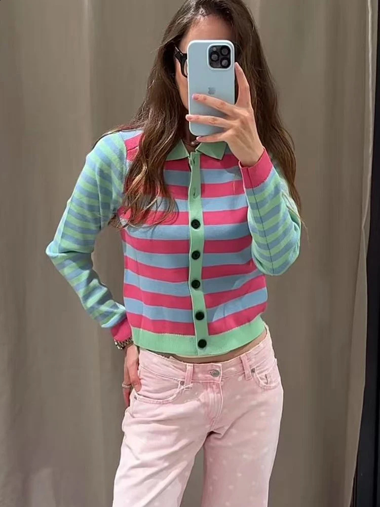 TFMLN Spring Women Striped Cardigans Sweaters Lapel Long Sleeve Knitwear Fashion Slim Single Breasted Knitted Lady Tops 260518BJ