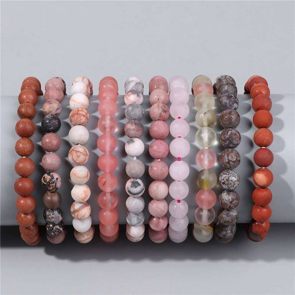 8mm Natural Rose Crystal Beads Bracelet Round Frosted Pink Zebra Rhodochrosite Beaded Bracelets for Women Lucky Jewelry Gift b7499