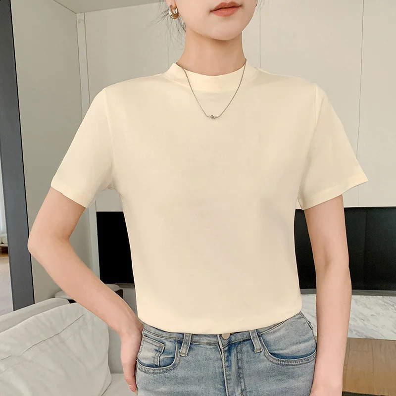 Summer Semi-High-Necked Cotton Short-Sleeved T-shirt Womens Loose Plus Size With Cotton Bottoming Shirt Shoulder Coat 260518BJ