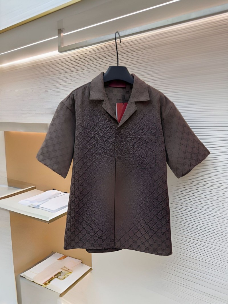 button up shirt designerHigh VersionGG Monogram Jacquard Co-Ord Set Unisex Brown Short-Sleeve Camp Collar Shirt + Matching BottomsHigh-quality Cloth