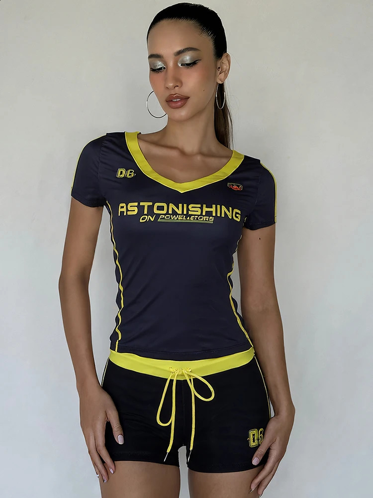Sisterlinda Casual Summer 2 Piece Set Letter Print Crew Neck Short Sleeve T-shirtsDrawstring Slim Mini Bottoms Female Tracksuit 260520BJ