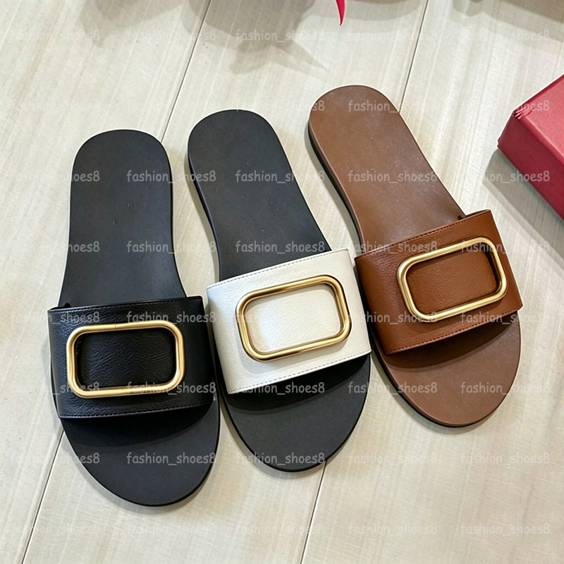 Designer Women Flat Slide Sandals Summer Beach Slides Leather Open Toe Flats Mules Slippers Gold Metal Buckle Vsandal Slip-on Causal Shoes Black-image-969866940