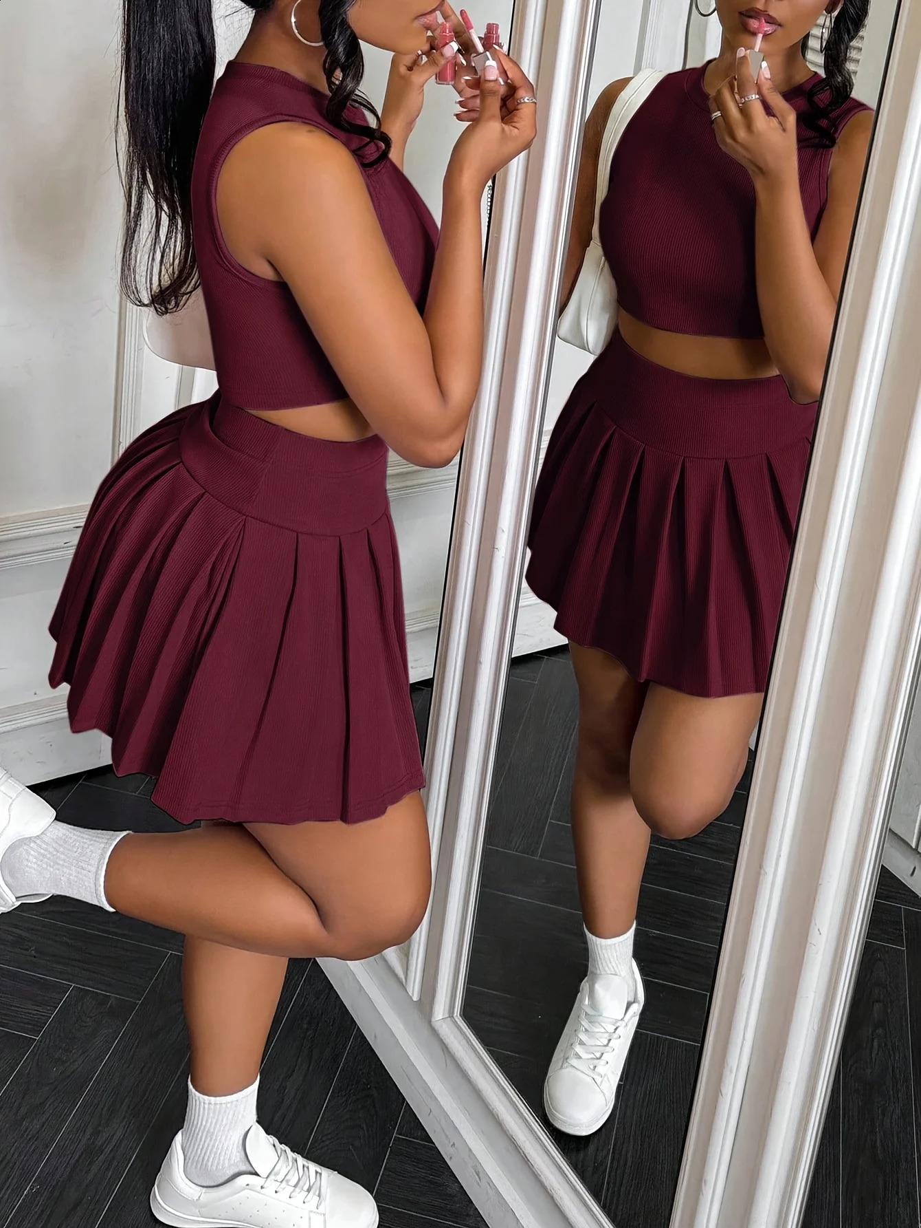 Womens elegant sexy playful short vest with pleated mini skirt and underwear 260520BJ