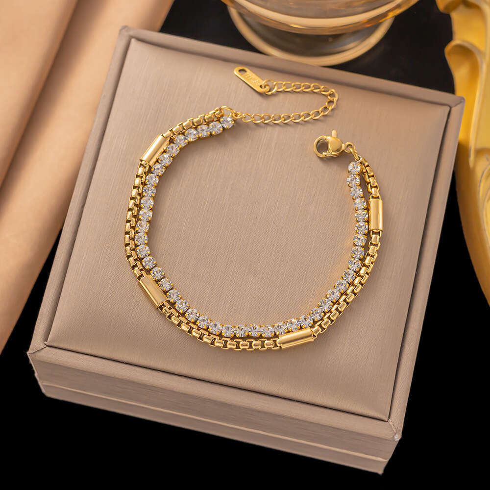 European And American Cross-border Fashion Versatile Cuban Double-layer Stacked Zirconia Bracelet For Women Titanium Steel Chain Jewelry-image-1106842862