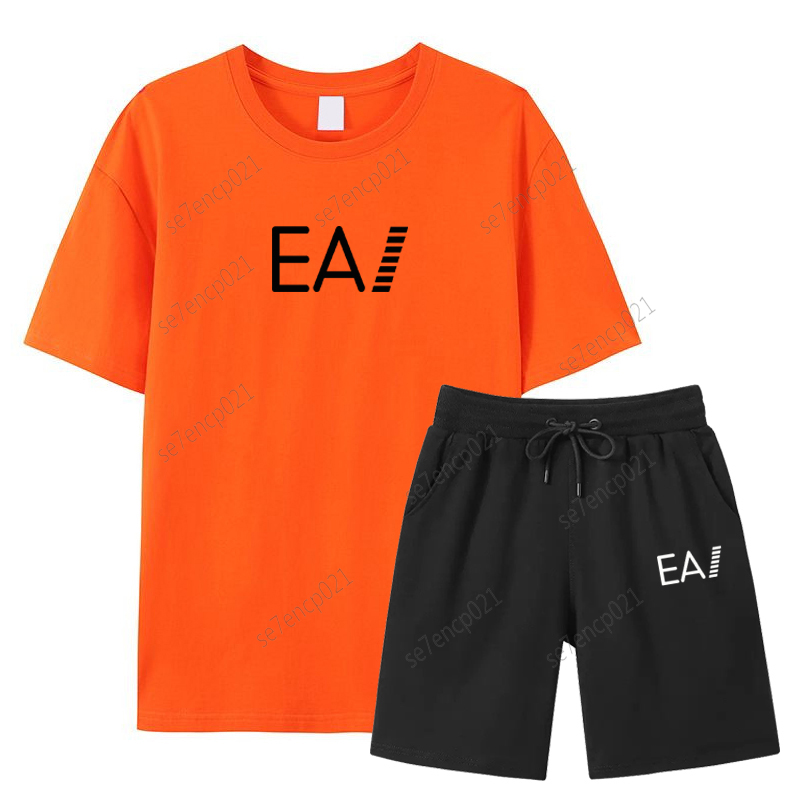 Summer Fashion Men's Two-Piece Set Casual Sportswear Set Letter Print Short-Sleeved Set Cotton Orange T-shirt Shorts Fitness Sportswe-image-996120117