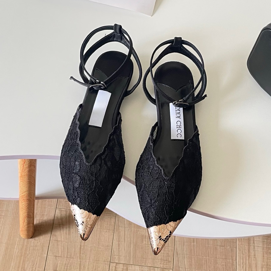 Designer Heel Women Sandals Slides Pointed Mesh Sandals Style High-End Black Lace Sandals Pointed Toe Metal Trim Backless With Single Buckle Flat