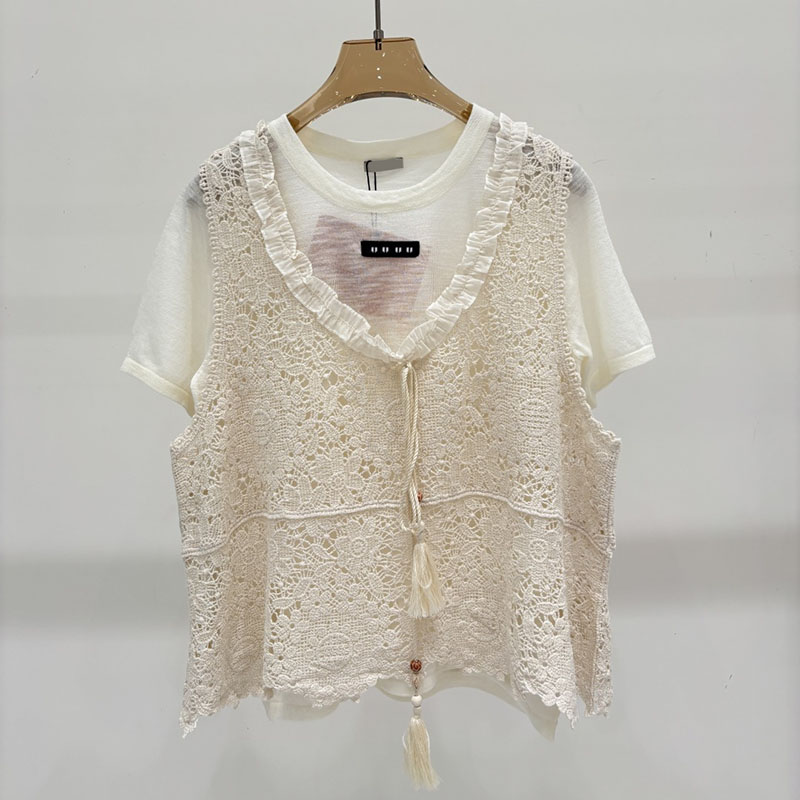 Haut tricoté d'été élégant pour femmes, tricot à volants fins, ensemble deux pièces, t-shirt tricoté de voyage décontracté
