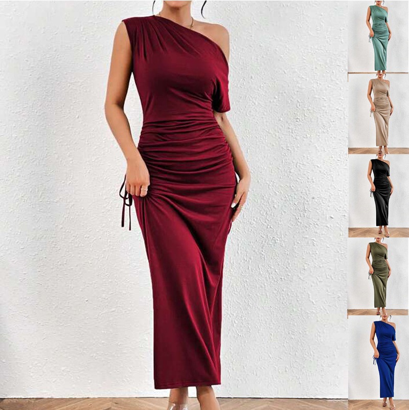 (1838) European and American Sexy New Oblique Shoulder One-shoulder Slim Pleated Long Skirt Dress-image-1106874870