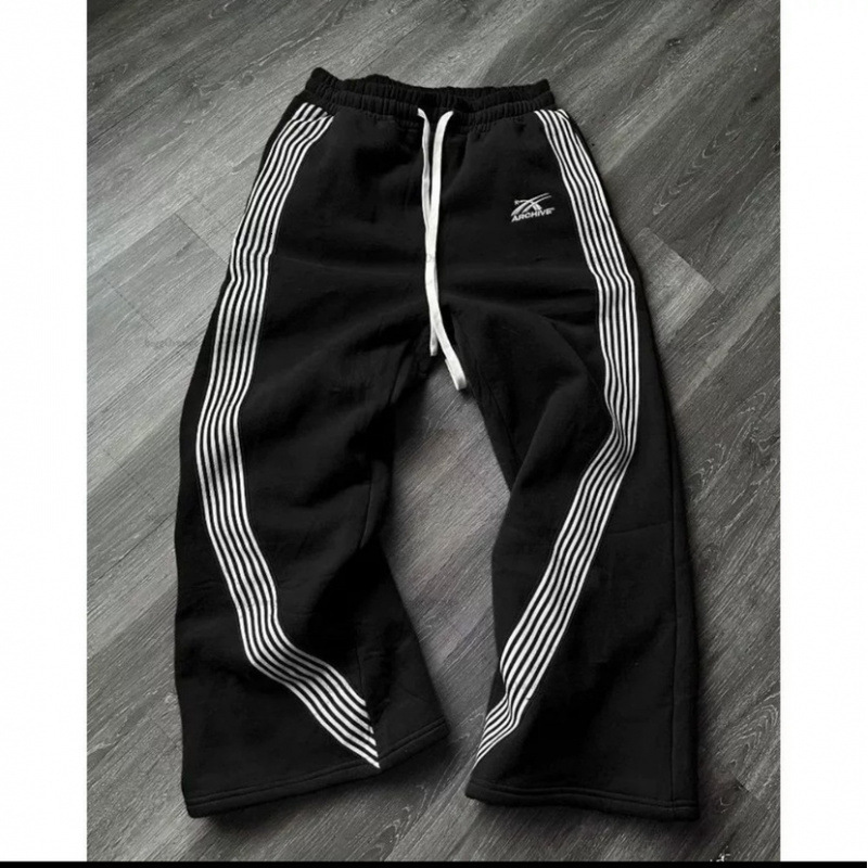 Pants Black White Striped Fleece Lined Elastic Waist Cool Sports Sweatpants