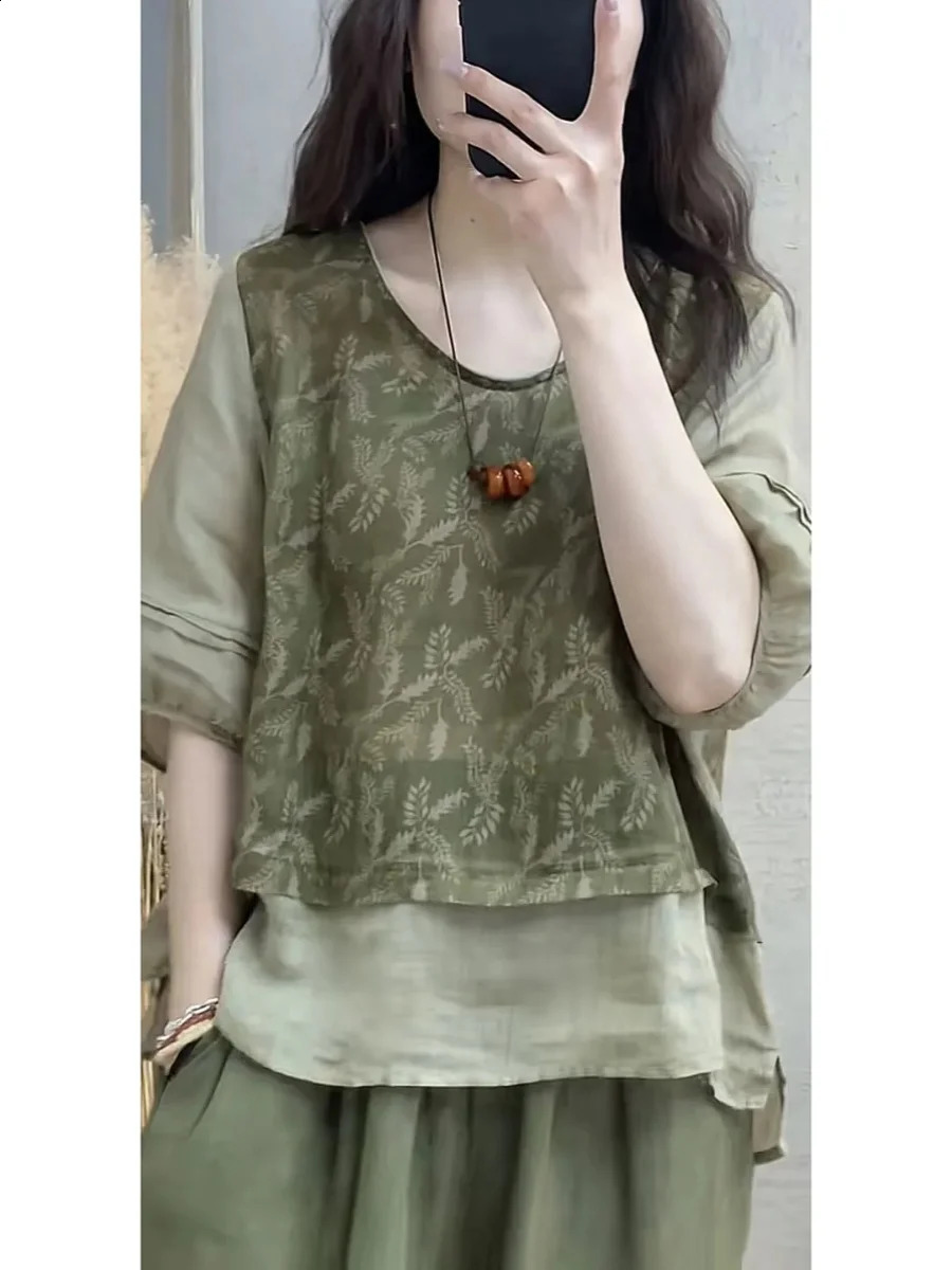 Faionable Cotton Linen Set Womens Summer Print Patchwork Two-Piece Top Harlan Pants Slimming Two-Piece Set 260520BJ
