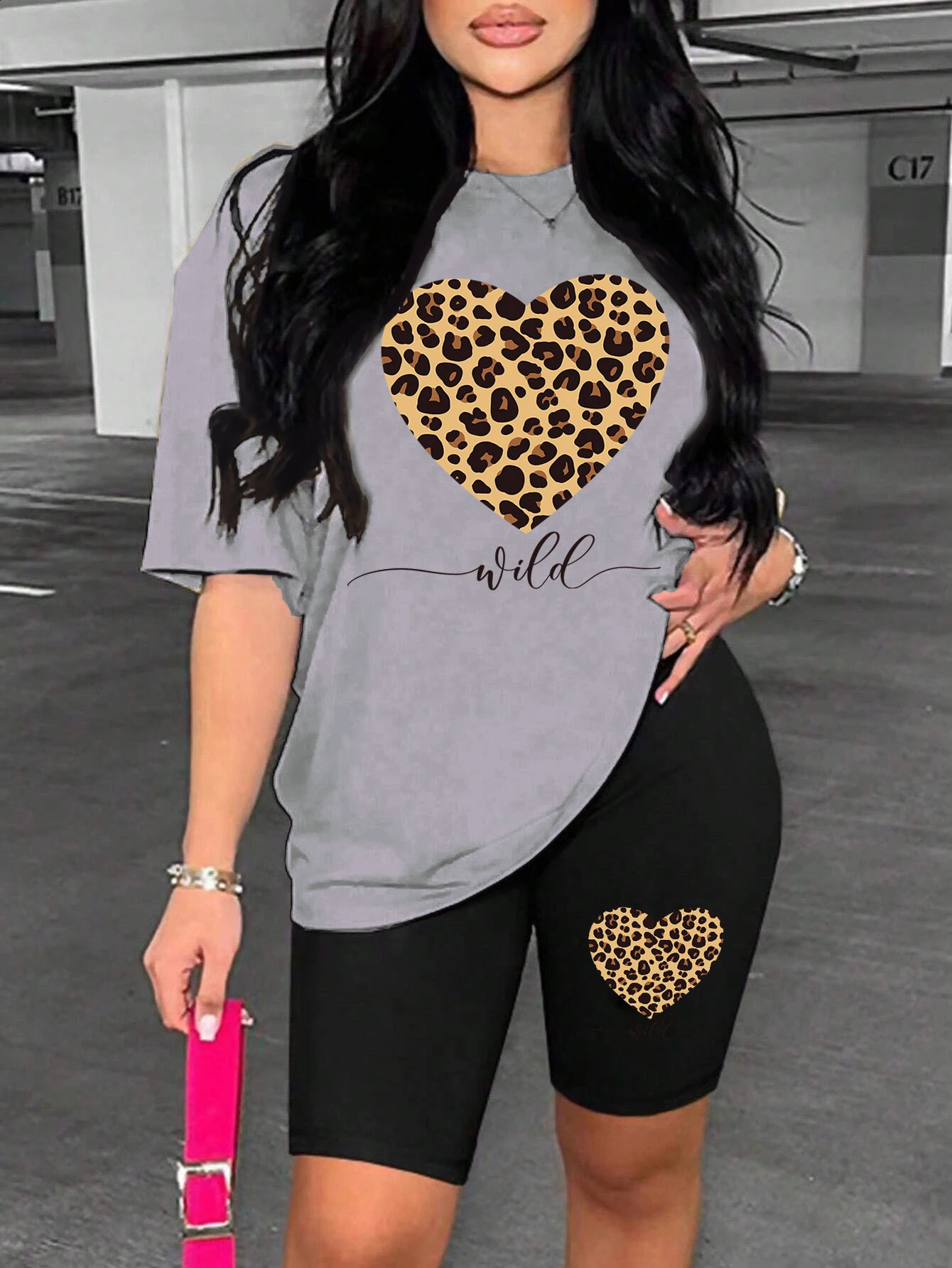 Leopard Heart Pattern Printing Shorts Sets Fashion Cartoon WomenS Two Piece Set Breathable Comfortable Short Sleeved Shorts Set 260520BJ