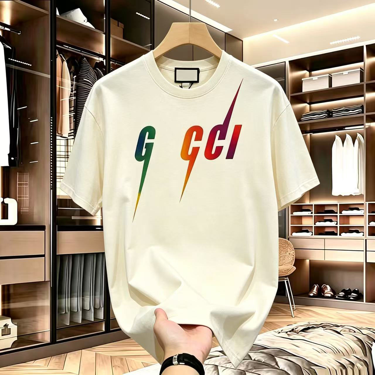 New Summer Lightning Color Block Cotton Short Versatile Casual Printed Round Neck Loose Men's and Women's Couple's Half Sleeve T Shir