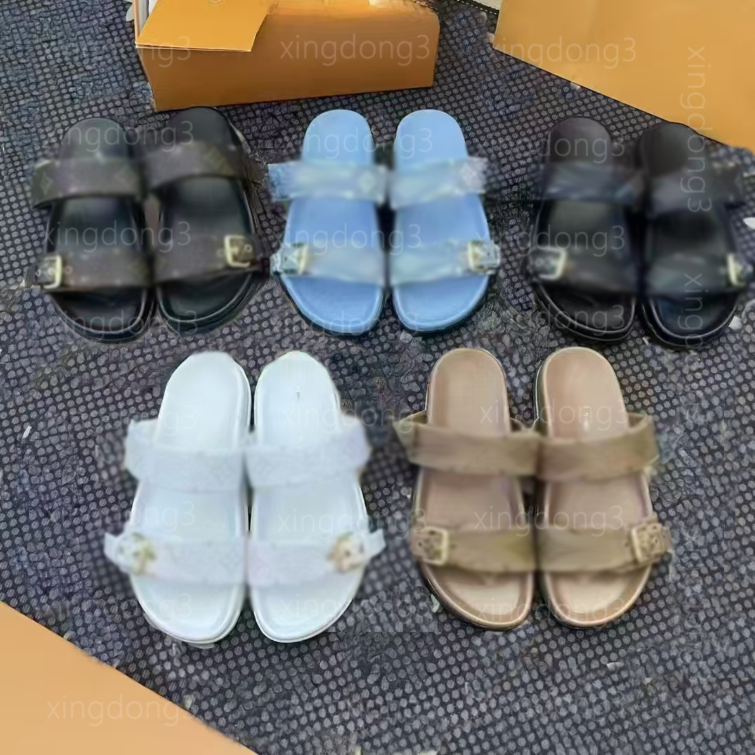 Women slippers Adjustable Double Buckle Slides Thick Sole Non-Slip Embossed Casual Beach Home Slide Sandals 35-44