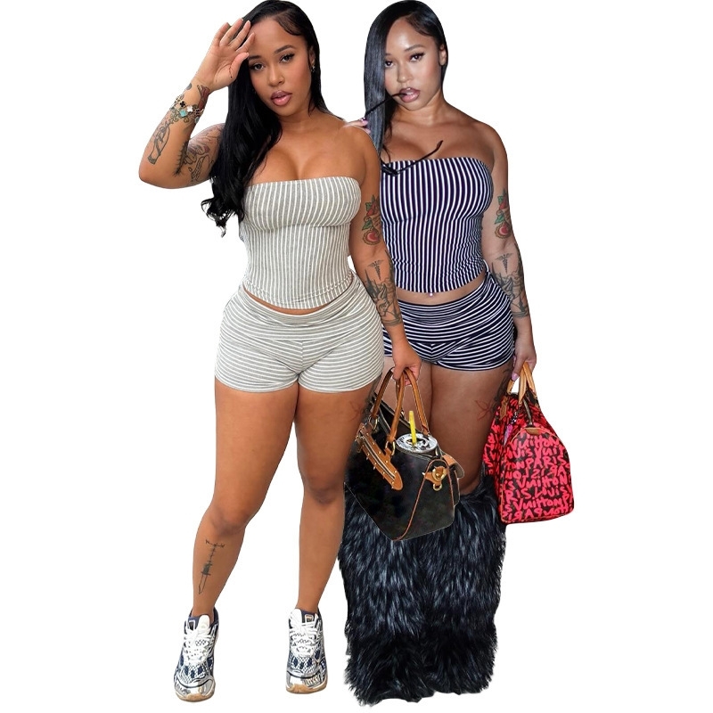 Survêtements pour femmes mode rayé 2 pièces ensemble femmes Boob bustier tubulaire chemisiers sans bretelles et shorts serrés ensembles tenues