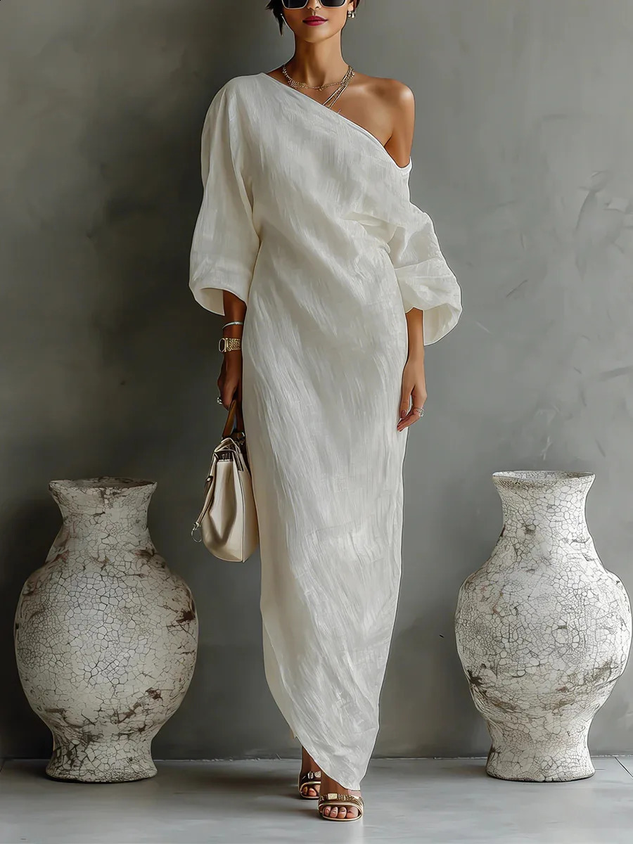 Womens Boho Slim Maxi Dress Retro Solid Color Asymmetrical Neck Cutout Long Sleeve Spring Autumn Party Gown 260520BJ