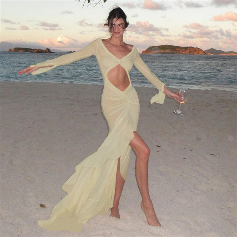 2024 Summer Womens Vneck Shr Sexy Hollow Out Rued Le Slim Fit Dress L26923