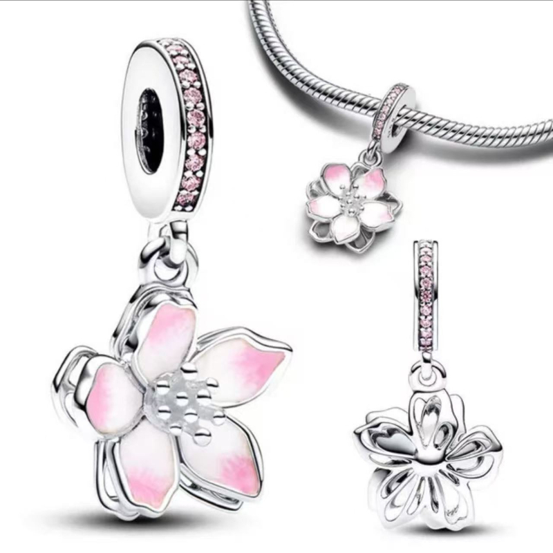 S925 silver 18k gold cute cherry blossom designer charms pendant jewelry for women girls lovely pink blue flower clover jewelry DIY components acces