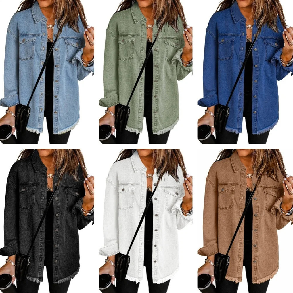 Washed Denim Women Autumn Tassel Lapel Jeans Jacket Female Casual Loose Long Sleeve Single Breasted Outerwear Shirts Coat 260520BJ 47