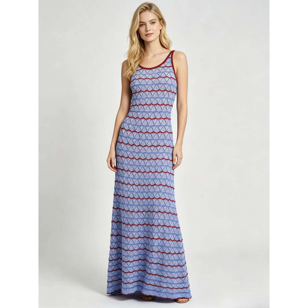 Women's Summer Knitted Cami Maxi Dress Hollow Out Striped Contrast Color Sleeveless Tank Dress Bohemian Beach Sundress Skin Friendly Soft