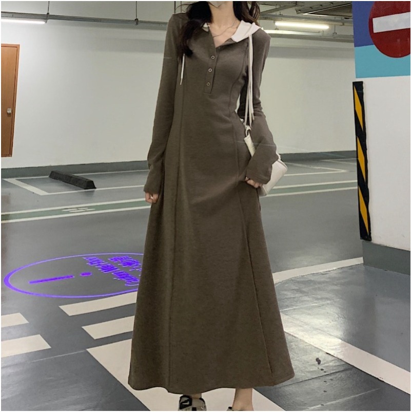 (1847) Autumn New Style Waist Dress Plus Size Hooded Long-sleeved Mid-length Dress-image-1107023370