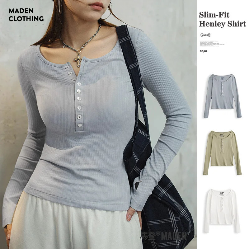 Maden Womens Slim Fit Henley Shirt Ribbed Knit Long Sleeve T-shirt O-Neck Layering Top Solid Color Autumn Winter Inner Wear 260521BJ
