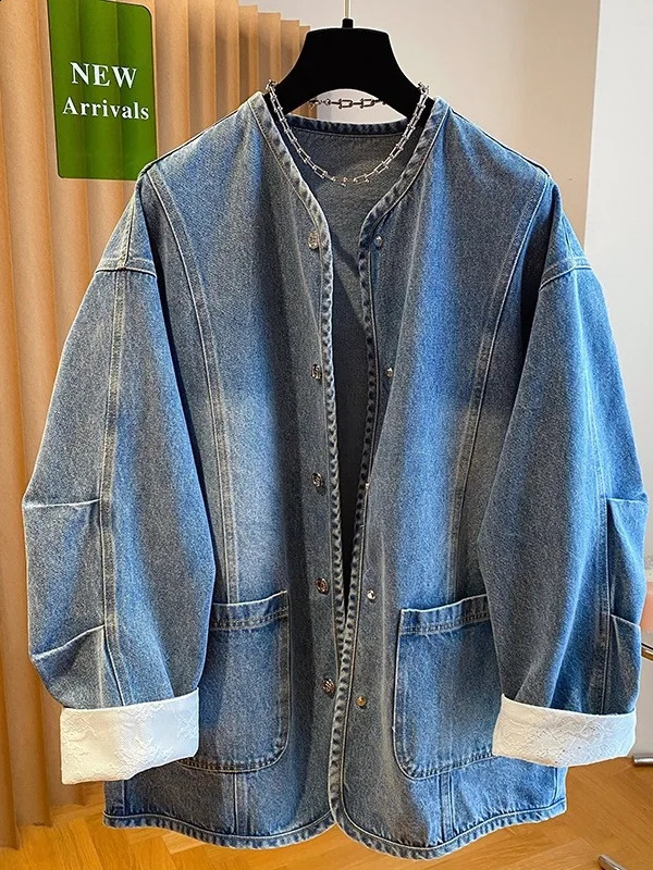 Loose Lace Splicing round Ne Denim Jaet Womens Spring Autumn Sle plus Size Mid Length Collarl Top 260520BJ 31