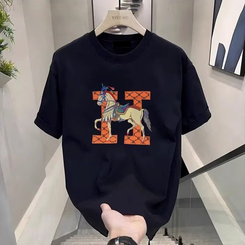 Designer luxury men's sport casual T-shirt with Hletter horse print loose cotton T-shirt high end fashionable streetwear breathable summer spor