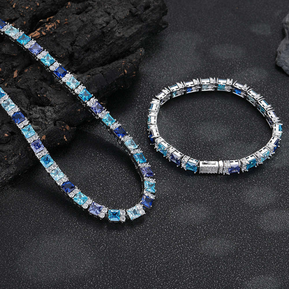 2025 Summer Hot-Selling Square Colorful Zircon Tennis Chain Hip-Hop Style Electroplated Eco-Friendly Copper Necklace Trendy Jewelry