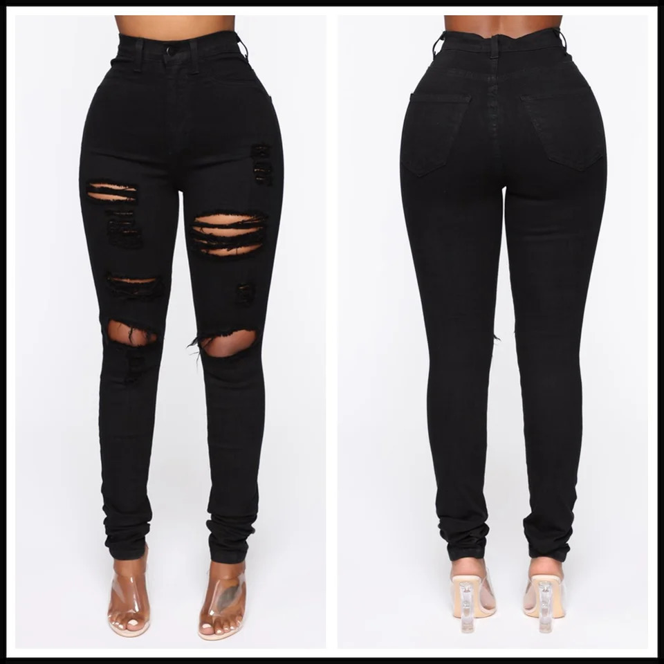 Black Ripped Jeans For Women Fashion High Waist Denim Pencil Pants Stretch Slim Skinny Trousers XS XL Global Drop Ship 260520BJ 73
