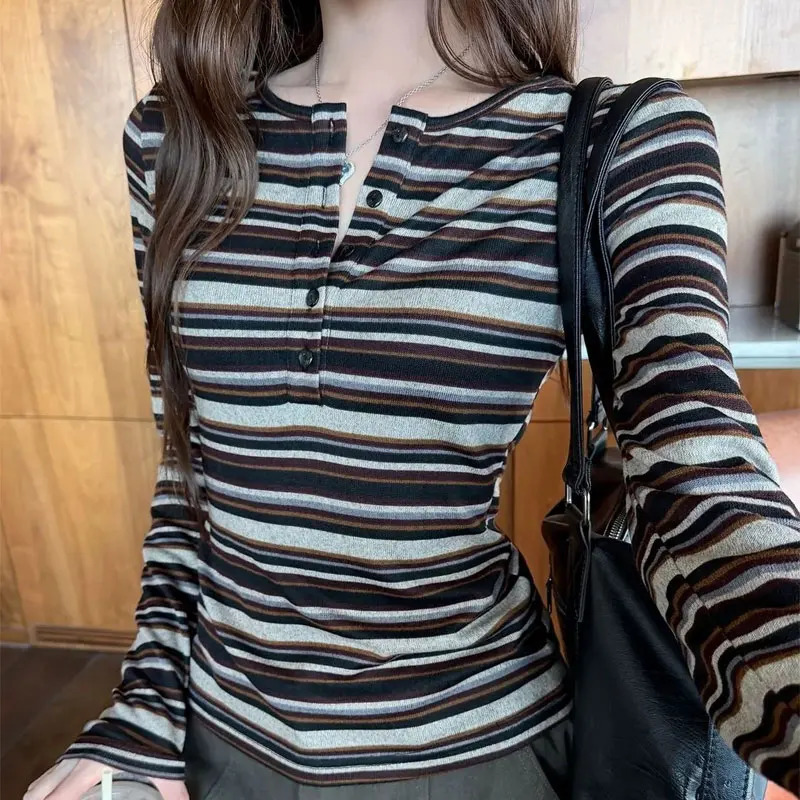 Korean Preppy Style Striped Slim T-shirts Female Clothing Henry Collar Button Spring Autumn Chic Vintage Long Sleeve Pullovers 260521BJ