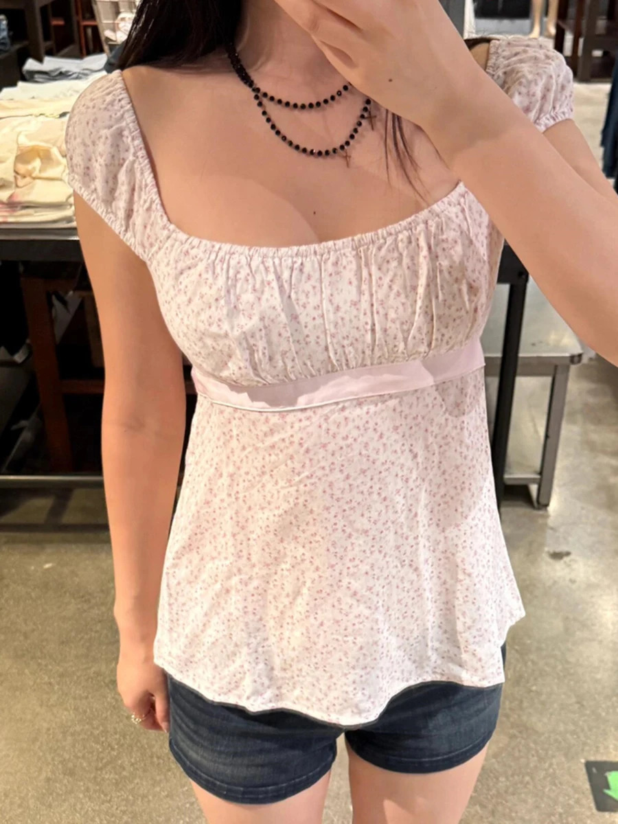 Pink Floral Print Cinched T-shirt Blouse Women Sexy Folds Square Collar Lace-up T-shirts Summer Sweet Vintage Backless Tops Tees 260521BJ