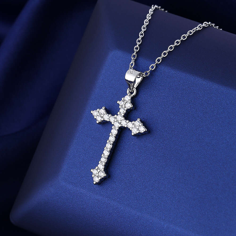 Silver Full Diamond Cross Necklace Unisex Collarbone Chain Ins Chain-image-1106996316