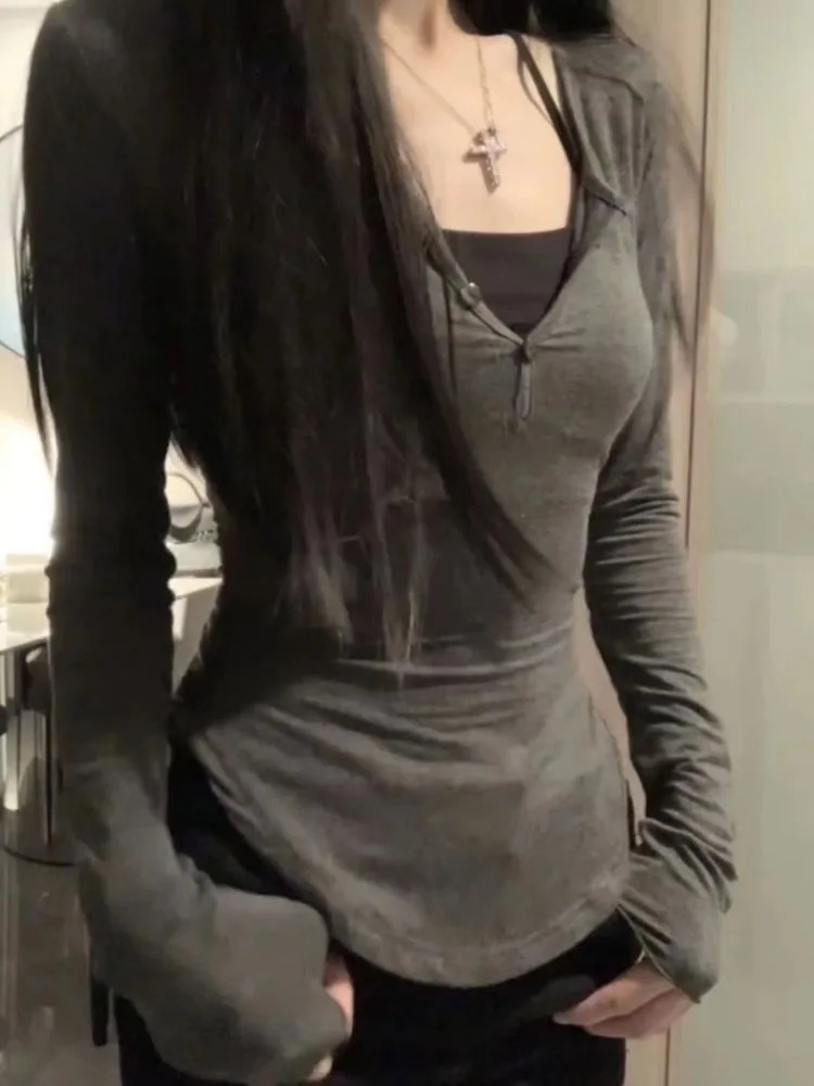 2026 Autumn V-neck Tops Mujer Y2k Grunge Slim Fit Long Sleeve Tee Shirt Fashion Sexy All-match T-shirt for Women 260521BJ