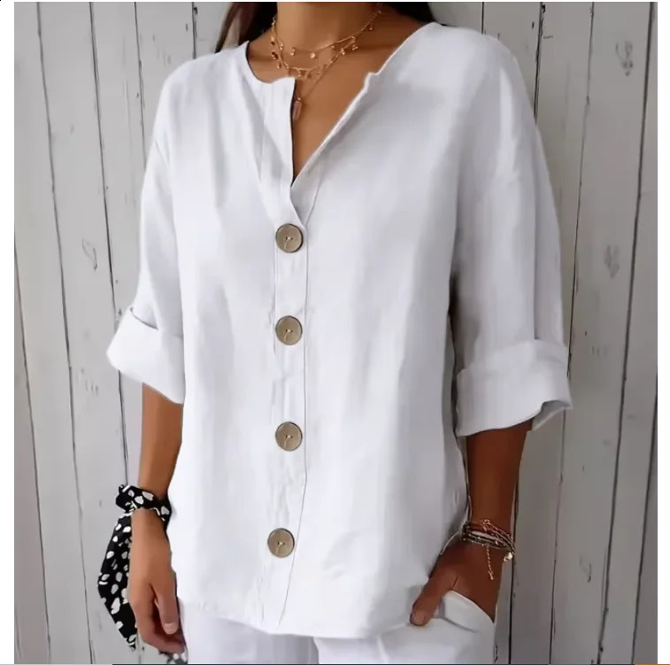 Summer Loose Shirt Womens VNeck Button Top Casual Shirts Solid Fashion Elegant Office Women Clothing Blouse 260713BANJIA