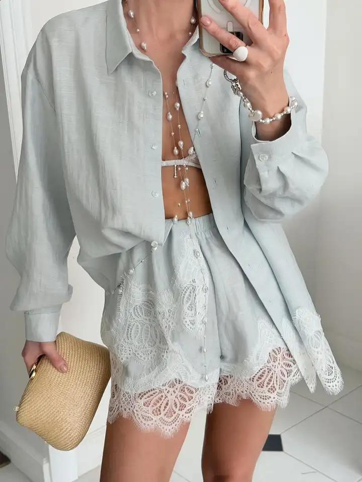 Blue Lace Patchwork Hem Shirt Shorts 2 Pieces Set Womens Single Breasted Blouse High Waist Shorts Set 2026 Casual Daily Outfit 260520BJ